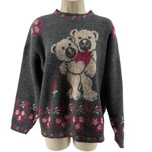 Adele Knitwear Sweater Teddy Bears Heart Acrylic USA 80s Vintage Gray